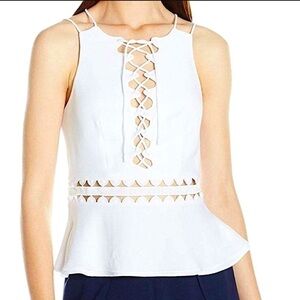 $450 Jonathan Simkhai | White Lace-Up Peplum Crepe Top Blouse | Size 0 XS